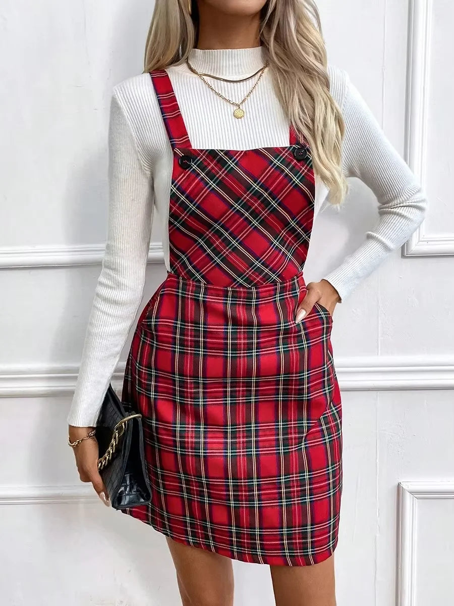 2026 New Women's Spring/Summer Mini Elegant Plaid Square Neck Sleeveless Striped Casual Breathable Natural Waist A-Line Pockets
