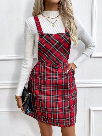 2026 New Women's Spring/Summer Mini Elegant Plaid Square Neck Sleeveless Striped Casual Breathable Natural Waist A-Line Pockets