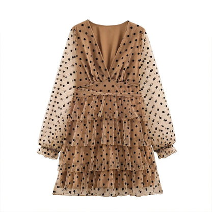 ZATRHMBM 2026 Spring/Summer New Fashion Women's Polka Dot V-Neck Dress Retro Casual Elegant Long-Sleeved Dress