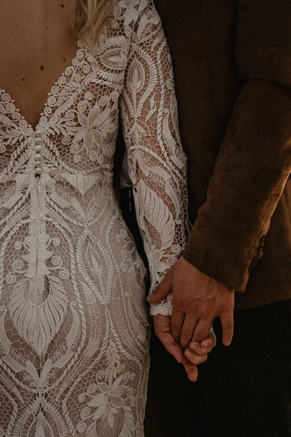 #10165 2 Pieces Long Sleeves Lace Rustic Wedding Dress Backless Vintage Beach Barn Ranch Plus Size Custom Made  Mermaid