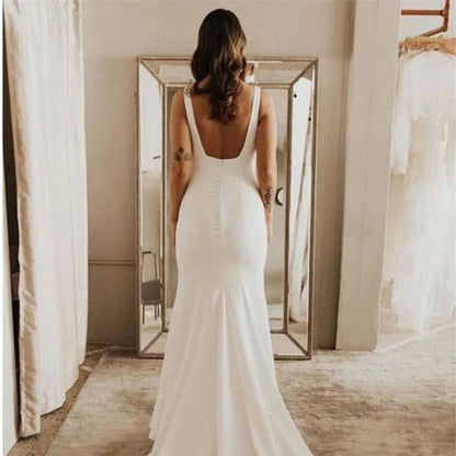 11896# Bohemian Sleeveless Wedding Dress Square Neckline Sweep Train Soft Satin Backless Simple Wedding Dress Bridal Gown