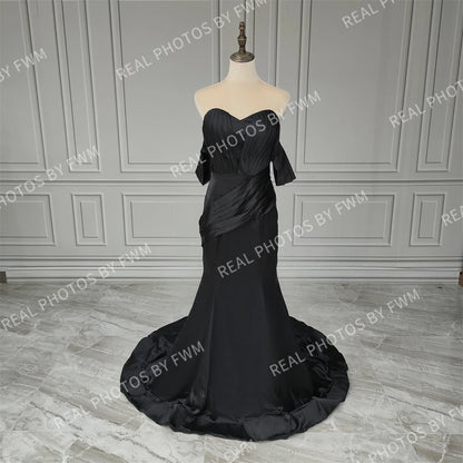 15521# Real Photos Simple Off Shoulder Pleat Mermaid Wedding Party Gown Evening Prom Dress for Women With Sweep Train