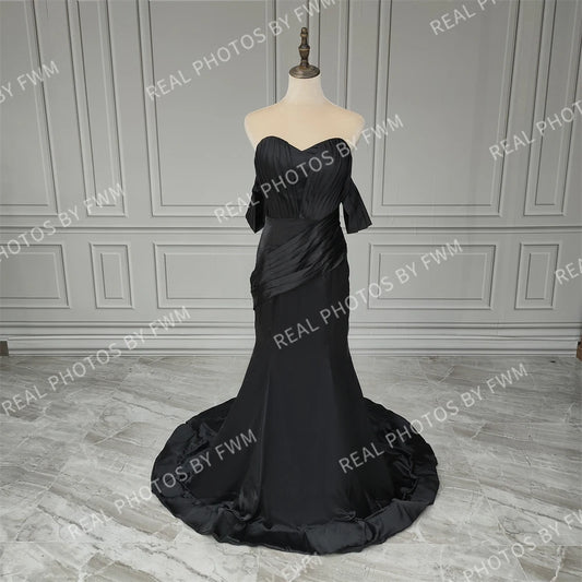 15521# Real Photos Simple Off Shoulder Pleat Mermaid Wedding Party Gown Evening Prom Dress for Women With Sweep Train