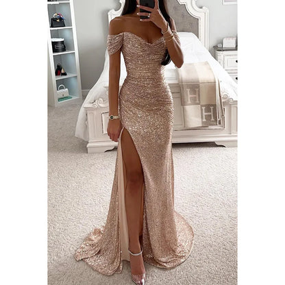 Women's Gold Mermaid Sequined Evening Party Dress Bling Prom Gown Off Shoulder Formal Wear for Summer Seasons Long Dress