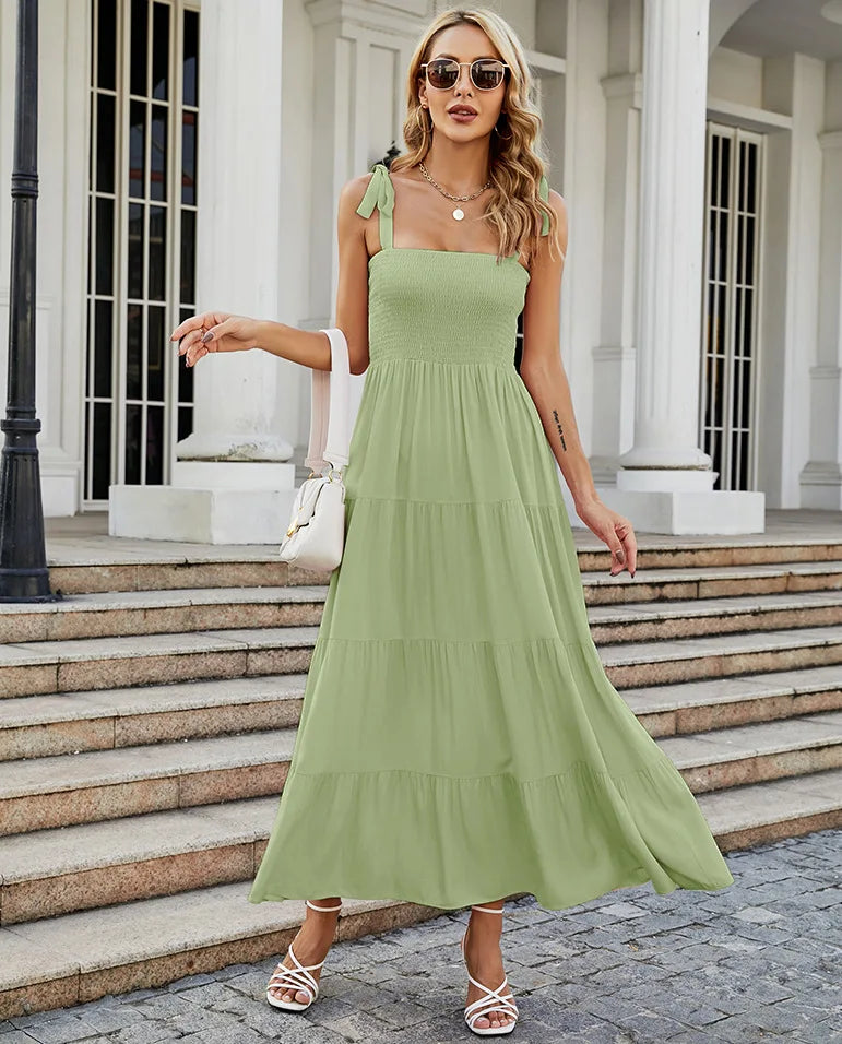 Summer Rayon Women Dress Dot Printing Elegant Dresses Smocking Backless Spaghetti Strap Dress