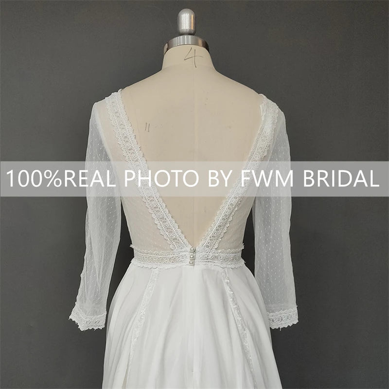 8862# Real Photos O-neck Backless Appliques Illusion Lace Wedding Dress Soft Chiffon Sweep Train A-line Bridal Gown for Party