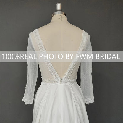 8862# Real Photos O-neck Backless Appliques Illusion Lace Wedding Dress Soft Chiffon Sweep Train A-line Bridal Gown for Party