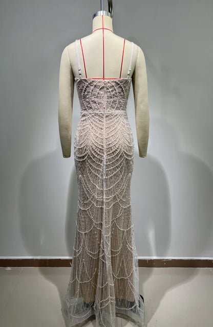 ED2638 Women Party Dresses Long Evening Elegant Lace Fabric Shiny Dress Luxury Women Dress Pearl Sequins