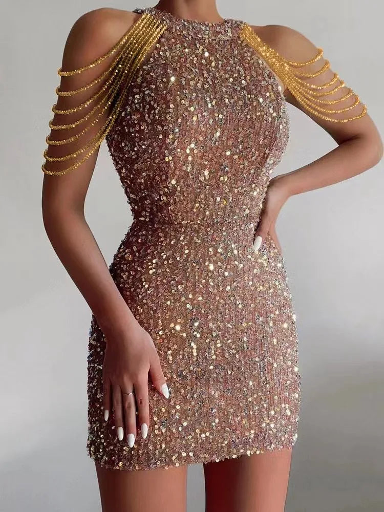 European American New Women's Eco-Friendly Sexy Colorful Sequin Mini Ball Gown Backless Halterneck Tassel Slim Hip Skirt Dress