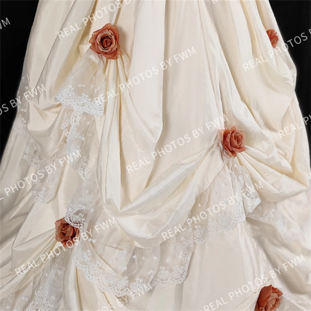 Real Photos High Quality 1920s Vintage 3D Flower Taffeta Wedding Dress Elegant Women Lace Ball Gown Bride Dress for Wedding 2373