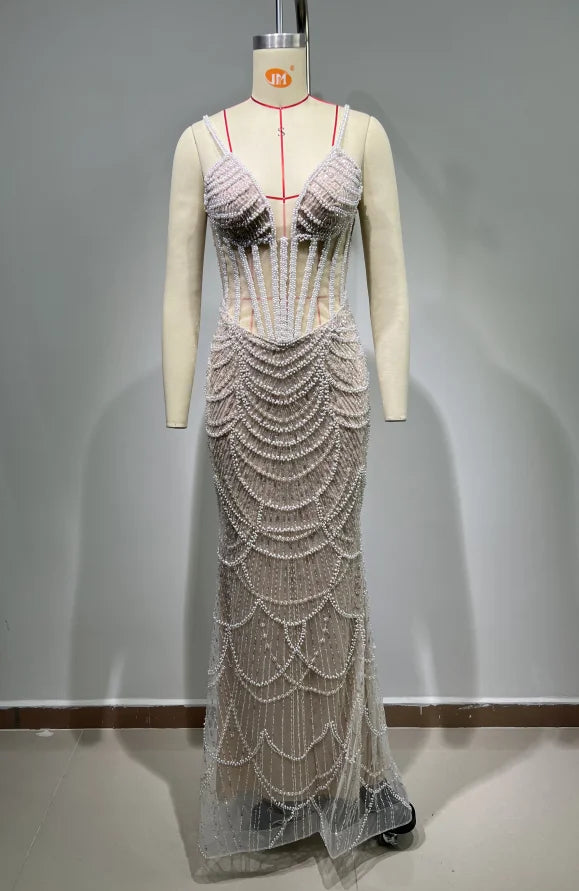 ED2638 Women Party Dresses Long Evening Elegant Lace Fabric Shiny Dress Luxury Women Dress Pearl Sequins