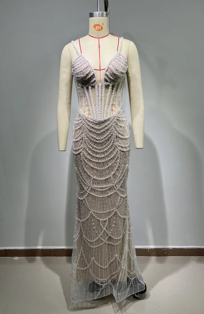 ED2638 Women Party Dresses Long Evening Elegant Lace Fabric Shiny Dress Luxury Women Dress Pearl Sequins