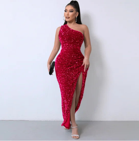 Liu Ming High End Sexy One Shoulder Backless Club Party High Split Sleeveless Elegant Sequin Long Bodycon Dress for Women
