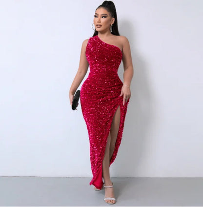 Liu Ming High End Sexy One Shoulder Backless Club Party High Split Sleeveless Elegant Sequin Long Bodycon Dress for Women
