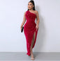 Liu Ming High End Sexy One Shoulder Backless Club Party High Split Sleeveless Elegant Sequin Long Bodycon Dress for Women