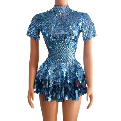 Sexy Short Sleeve Sequin a Line Dress Stage Performance Wear Dinner Gowns Birthday Prom Mini Dress Women Sexy Club Party Dress