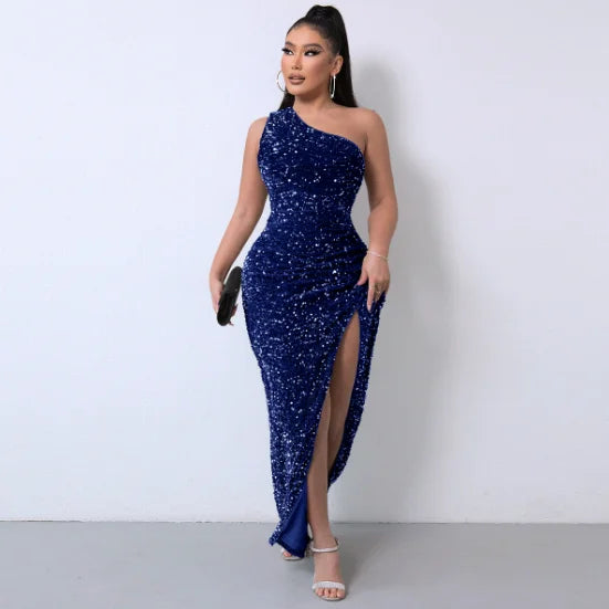 Liu Ming High End Sexy One Shoulder Backless Club Party High Split Sleeveless Elegant Sequin Long Bodycon Dress for Women