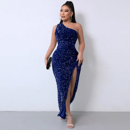 Liu Ming High End Sexy One Shoulder Backless Club Party High Split Sleeveless Elegant Sequin Long Bodycon Dress for Women