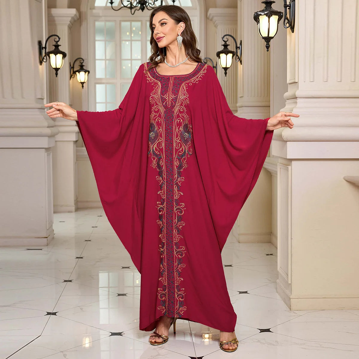 Beach Abaya in Rayon with Gold Embroidery and Batwing Sleeves for Vacation Available on for (24 Colors) L4125