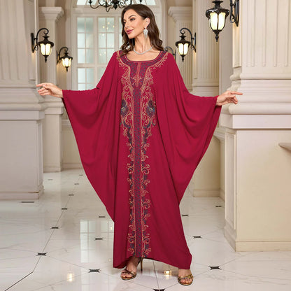 Beach Abaya in Rayon with Gold Embroidery and Batwing Sleeves for Vacation Available on for (24 Colors) L4125