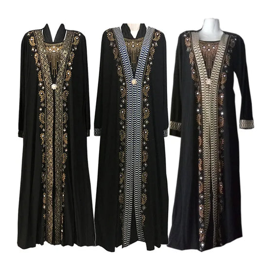 Wholesale Women Fashion Long Sleeve Pretty Diamond Muslim Islamic Dresses Cardigan Black Abaya (no Hat) Long Robe Dress