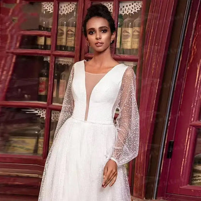 13019#Simple V-Neck Elegant A-Line Puff Long Sleeves Wedding Dress Dot Mesh Sexy Backless Floor Length Bridal Gown