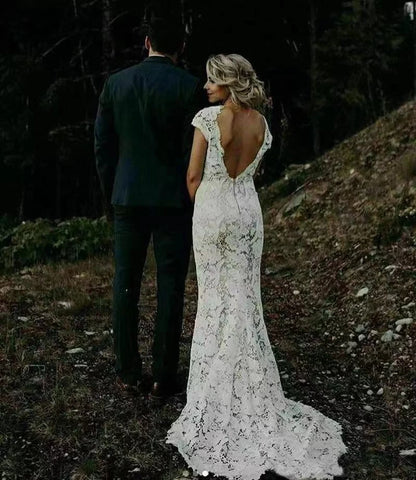 9803#Sheath Wedding Dresses V Neck Cap Sleeves Sexy Backless Vestidos De Novia Mermaid Bride Dresses Bridal Gowns Wedding Dress