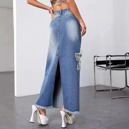 Retro High-waisted Denim Dress Starlet Tassel Pattern Design Long Skirt Lady Tight-fitting Hip Spice Skirt