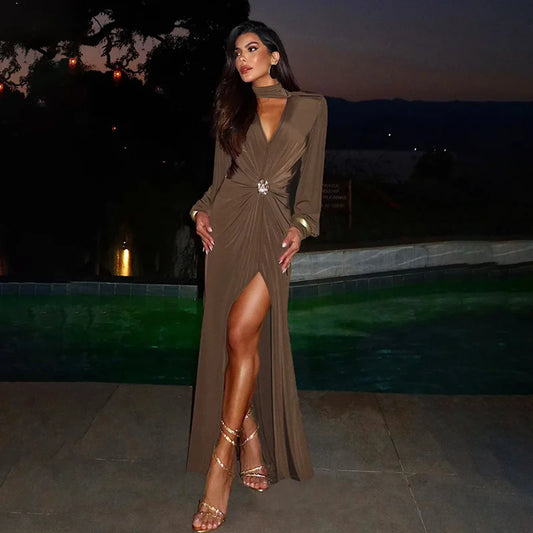 Cross-border Fashion Deep V High Split New Long Dress Pleated Design Sense Celeb Dress Dress