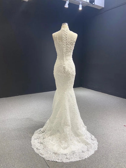 Feishiluo Newly Designed Mermaid Wedding Dress Ivory Bead Lace & Long Embroidered Appliqued Pearls Sleeveless for Women