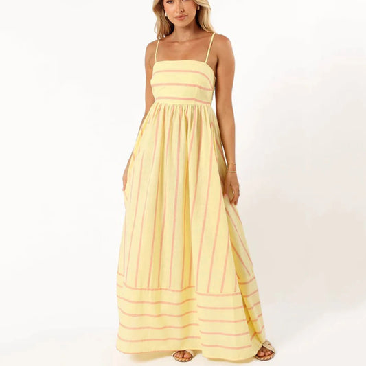 Enyami S-XL Summer Beach Holiday Boho Elegant Striped Sexy Back Design Long Sleeveless A-line Vacation Maxi Slip Women Dress