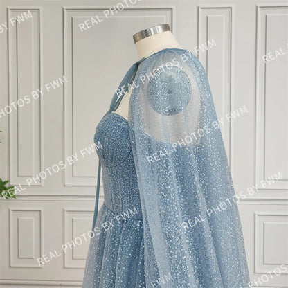 15165 Real Photos High Quality Two Piece Set Blue Strapless A-line Shiny Tulle Evening Dress for Plus Size Women Party Prom Gown