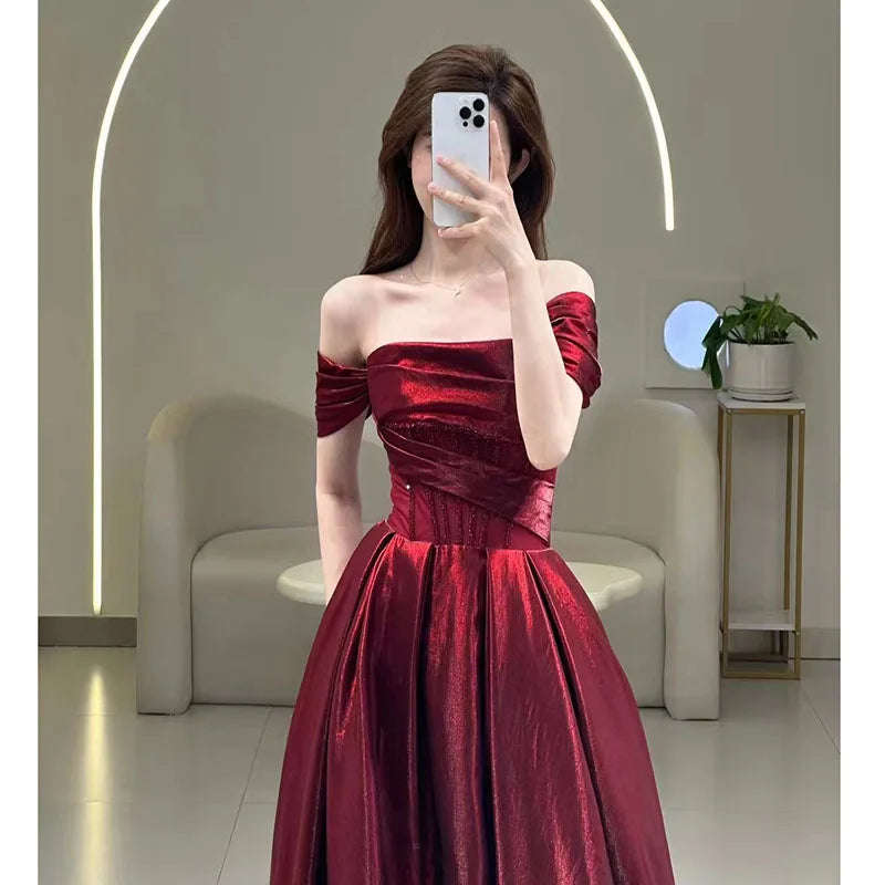 Summer New Red Satin High Quality Silky One Shoulder Sexy Simple Waist Elegant Wedding Dress