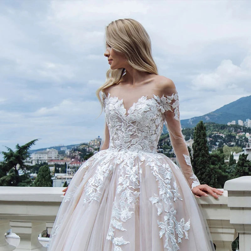 #13798 Modern Long Sleeve Wedding Dress Ball Gown Sexy Boat Neck Appliques Bridal Gown Lace Backless Button Tulle Sweep Train