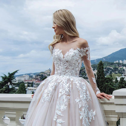 #13798 Modern Long Sleeve Wedding Dress Ball Gown Sexy Boat Neck Appliques Bridal Gown Lace Backless Button Tulle Sweep Train