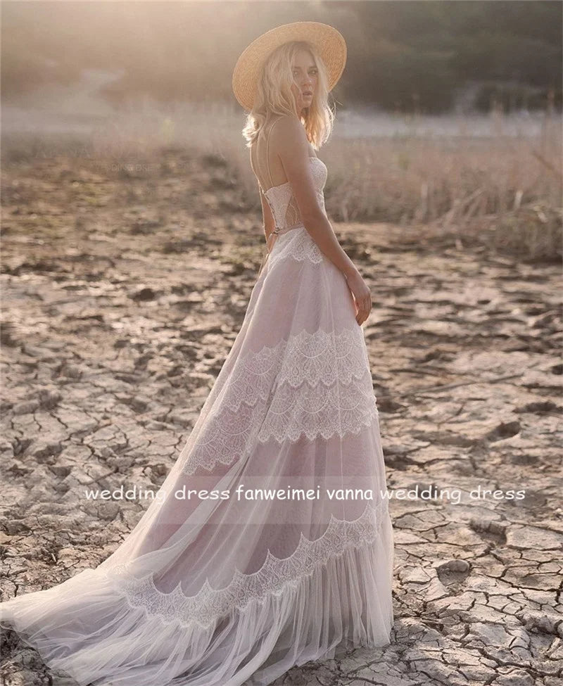 #1247 Spaghetti Straps Soft Lace Sleeveless Sweep Train A-Line Bohemian Beach Backless Wedding Dress Bridal Gowns Evening Dress