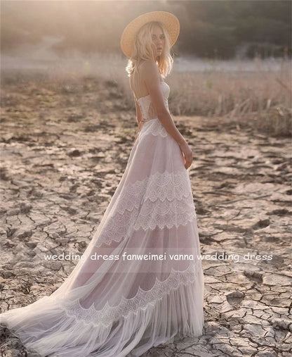 #1247 Spaghetti Straps Soft Lace Sleeveless Sweep Train A-Line Bohemian Beach Backless Wedding Dress Bridal Gowns Evening Dress