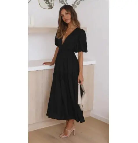 Women 2024 Puff Sleeve Deep V Neck Long Dresses Summer for Woman Sexy Green Women's Dress Summer Royal Blue