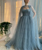 15165 Real Photos High Quality Two Piece Set Blue Strapless A-line Shiny Tulle Evening Dress for Plus Size Women Party Prom Gown
