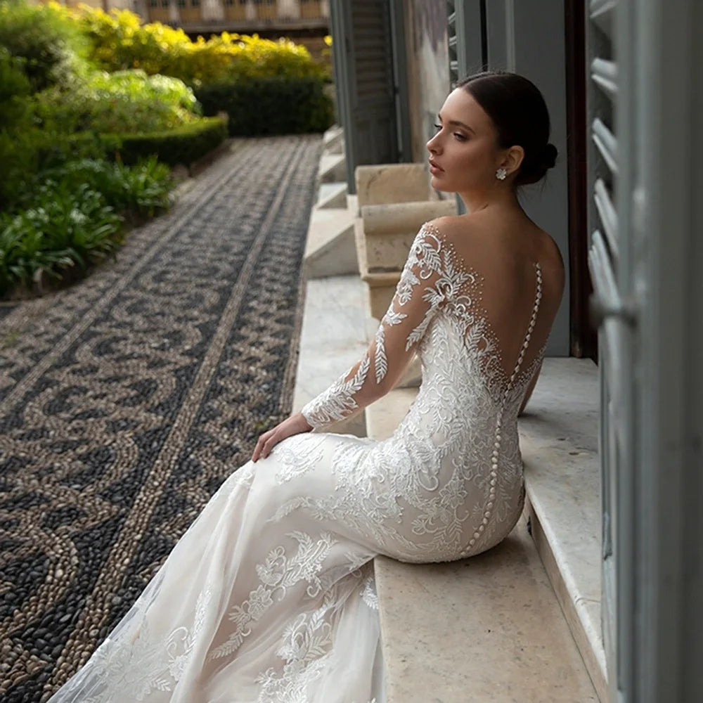 S440F 2025 Long-sleeved Halter Fishtail Tail Buckle Large Size to Map Custom Retro Slim Long-sleeved Romance Wedding Dress