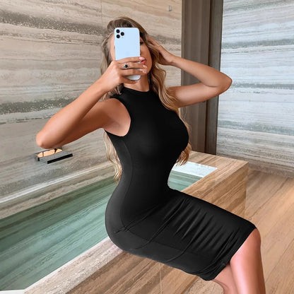 European American Summer Stand Collar Halter Neck Long Knit Mid-Waist Women's Knitted Dress
