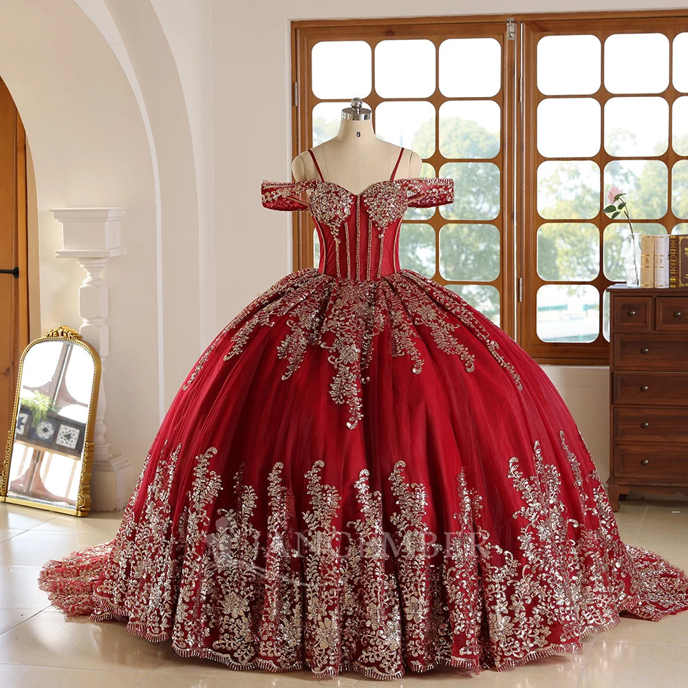 Red Quinceanera Dress Prom Burgundy and Gold Applique Tulle Princess Dress Sweet 15 Year Old Party Dress Wc042-2