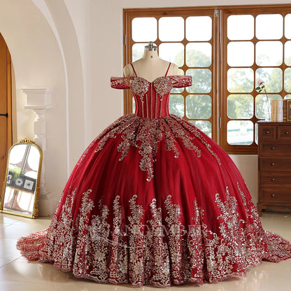 Red Quinceanera Dress Prom Burgundy and Gold Applique Tulle Princess Dress Sweet 15 Year Old Party Dress Wc042-2