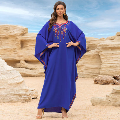 Beach Abaya in Rayon with Gold Embroidery and Batwing Sleeves for Vacation Available on for (24 Colors) L4125