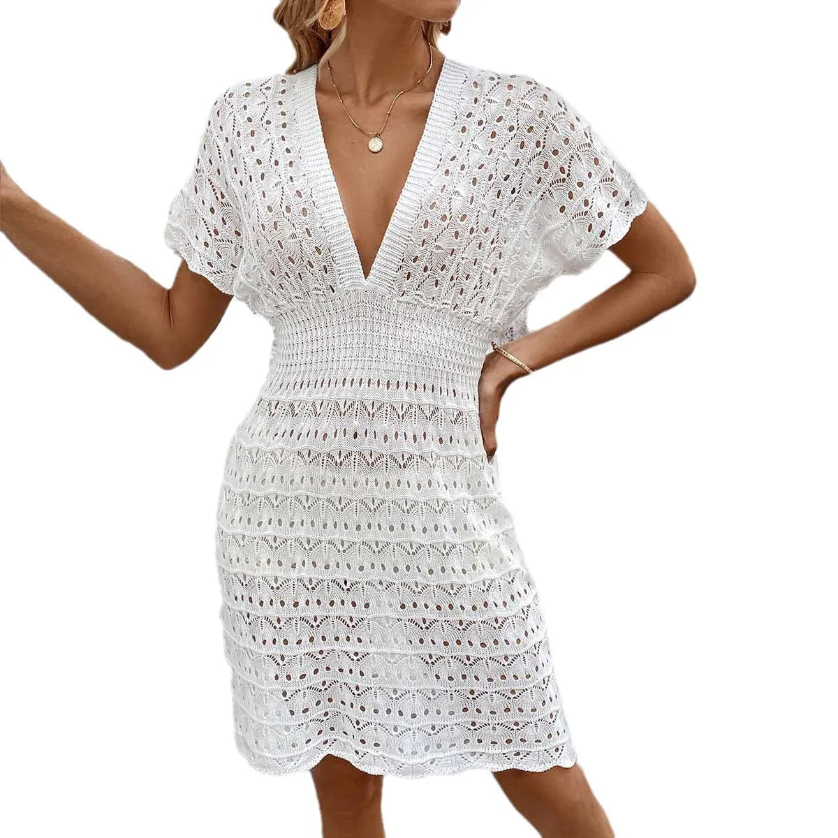 Deep V-Neck Solid Natural Waist Short Sleeve A-line Beach Dress Polyester/Cotton Summer