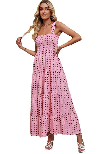 Summer Rayon Women Dress Dot Printing Elegant Dresses Smocking Backless Spaghetti Strap Dress