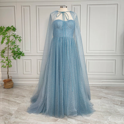 15165 Real Photos High Quality Two Piece Set Blue Strapless A-line Shiny Tulle Evening Dress for Plus Size Women Party Prom Gown
