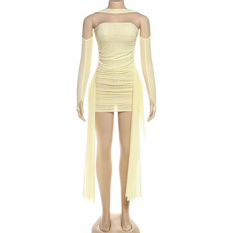 Valentine Mesh Women Mini Dress Fashion Solid Strapless Ribbons Tassel Body-shaping Vestidos+Seperately Full Sleeve Gloves