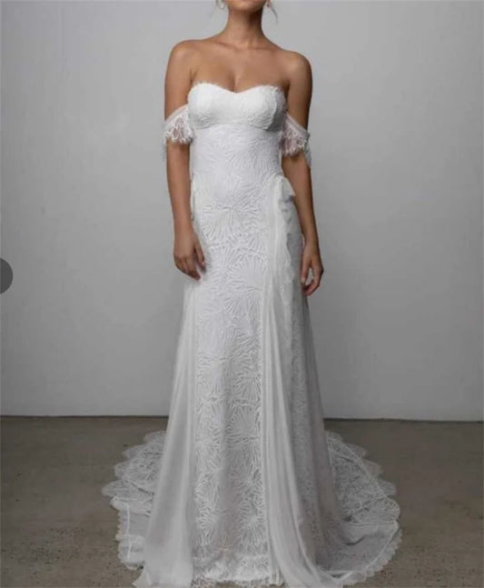 #11286 2021 Elegant Mermaid Lace Off-Shoulder Strapless Wedding Dress Open Back Rustic Bridal Photoshoot Gown