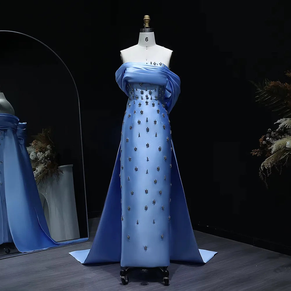 Elegant Off Shoulder Blue Satin Evening Dress With Overskirt Crystal White Midi Wedding Party Gowns Lsz270